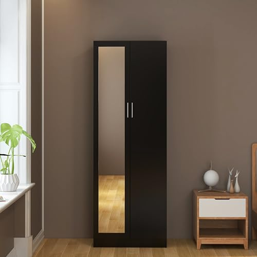 Panana 2 Door Mirrored Wardrobe with Hanging Rail Wooden Clothes Storage Cupboards Unit for Bedroom Furniture 72 x 47 x 170 cm (Black)