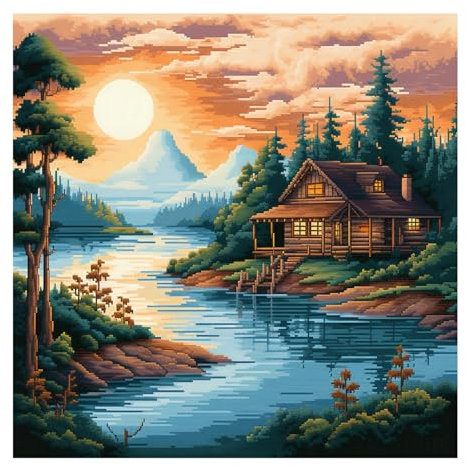 Cukol Kreuzstich Set Vorgedruckt Seenlandschaft, Stickvorlagen Stickbilder Vorgedruckt Kreuzstich Stickpackungen Stickpackung Cross Stitch Embroidery Kit Stickset Sticken Set Erwachsene Anfänger 40x40