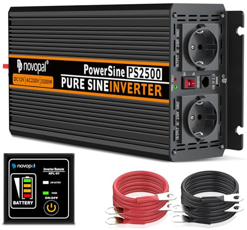 NOVOPAL 2500W/5000W Ren Sinusvåg Växelriktare 12V DC till 230V AC inverter | met USB, 5m Fjärrkontroll, 2 EU-uttag för Off-grid solsystem, husbil, båt, stuga, nödreserv