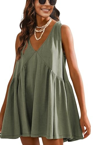 Athlisan Womens Summer Sleeveless Mini Dress Casual Loose V Neck Sundress with Pockets(GreyGreen-M)