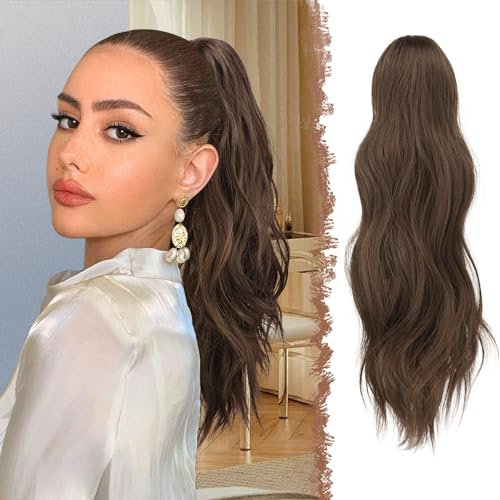 FESHFEN Coleta Postiza Larga con Pinza, Ondulada Cola de Caballo Extensión 50 cm Clip de Garra en Extensión Ondulado Extensiones de Cabello Sintética para Mujeres Castaño
