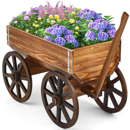 Beeveer Wooden Wagon Planter Box, Garden Planter with Wagon Wheels, Flower Cart for Balcony, Decorative Patio Flowers Herbs Vegetables for Indoor Outdoor Decor, Brown(Elegant)