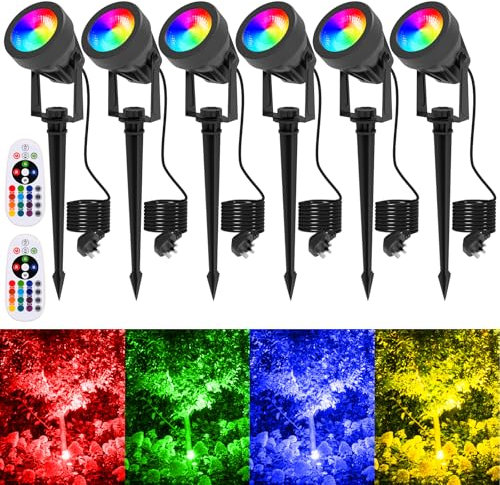 T-SUNUS RGB Garden Spotlights Mains Powered, Christmas Lights RGB Colors 4 Lighting Modes Landscape Lights Garden Light with Ground Spike IP65 Waterproof Outdoor Pathway Lighting Yard Lawn(6 Pack)