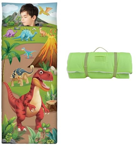 Sac de Couchage Chaud pour Enfants avec Oreiller Amovible, Tapis de Sieste Pliable pour Filles et Garçons, Couverture de Sieste avec Double Fermeture Eclair pour Camping Garderie, Volcan Dinosaure