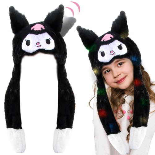 RosyFate Mütze mit beweglichen Ohren, Plüsch, Kawaii, LED, Mütze mit Ohren, die sich bewegen, lustige Weihnachtsmütze, Tiermütze, für Kinder und Erwachsene, Partyhüte (Kuromi)