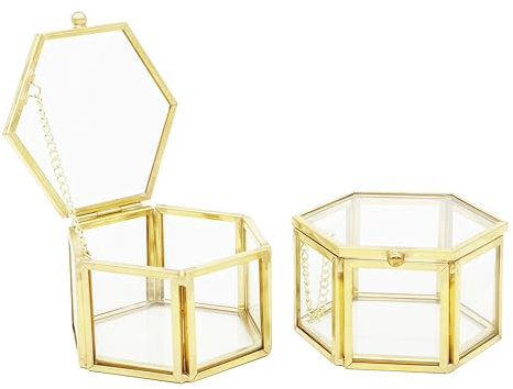 JIARI Glass Jewelry Box Small Gold Hexagonal Decorative Box Ring Earring Display Keepsake Box Case Box for Storage (Small 2 Pack)