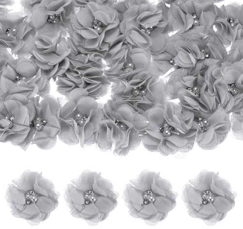 M METERXITY 15-Pack Rhinestone Pearl Chiffon Flowers 2.17 x 2.17 Inch Mesh Fabric Flowers Full Chiffon Flowers Hair Clips Flower for Home Decor/Wedding/Headbands/DIY/Party/Garden [Gray]