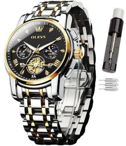OLEVS Mens Watch, Chronograph Quartz Stainless Steel Dress Watches for Men, 3ATM Waterproof Luminous Hands, Multi Functional Casual Wrist Watches with Link Adjustment Tool