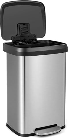 FANTASK 50 L Kitchen Pedal Bin with Soft Close Lid, Silver Waste Bin Made of Stainless Steel and Plastic, Waste Separation System Including Deodorising Compartment