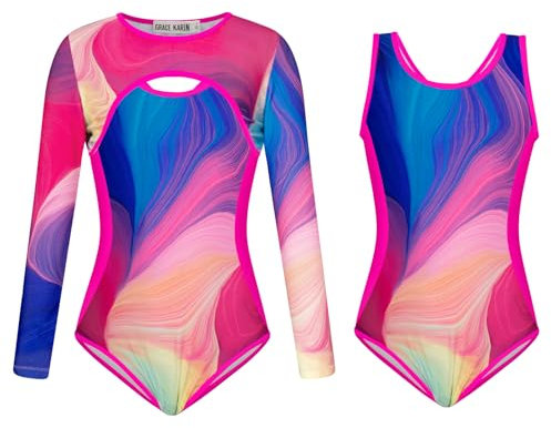 GRACE KARIN Kinder Schwimmoutfit Set Langärmliges Strandkleid + Badeanzug Rashguard für Mädchen Mehrfarbig 8-10 Jahre