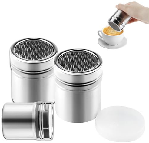 3 Pezzi Spargi Zucchero a Velo, Spargi Cacao in Polvere Spargizucchero in Acciaio Inossidabile con Coperchio Powdered Sugar Shaker per Sale, Zucchero, Farina, Cacao, Caffè, Cioccolato