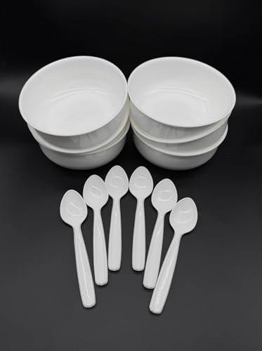 Kimmel Lot de 6 bols à soupe blancs avec cuillère à soupe, assiette, bol à soupe, bol avec cuillère, vaisselle de pique-nique réutilisable