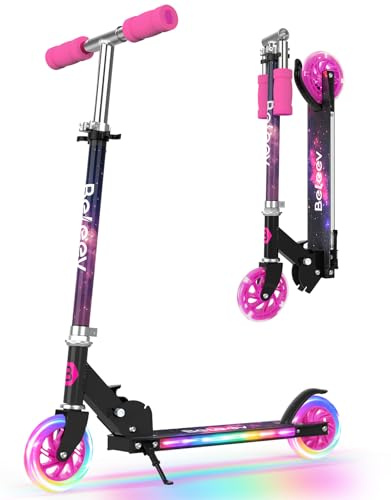 BELEEV Scooter for Kids Ages 3-12 with Light-Up Wheels & Deck, 2 Wheel Folding Kick Scooter for Girls and Boys, 3 Adjustable Height, Non-Slip Deck, Lightweight Scooter with Kickstand (Galaxy Purple)