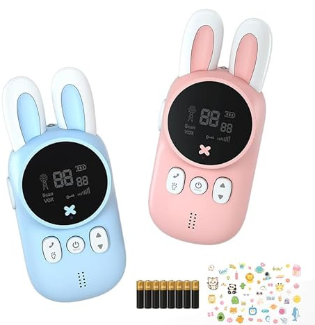 Walkie talkies para niños con Linterna, 8 Pilas AAA, diseño de Conejito, Largo Alcance de 3 km, Sonido nítido, 22 Canales, Regalo Ligero para niños y niñas de 3 a 12 años (Rosa y Azul, Paquete de 2)