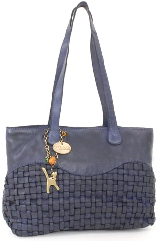 Catwalk Collection Handbags - Borsa a Spalla in Pelle Intrecciata - Tote Bag Media da Donna - Borsa a Mano con Tasche Multiple - Matilda - Blu