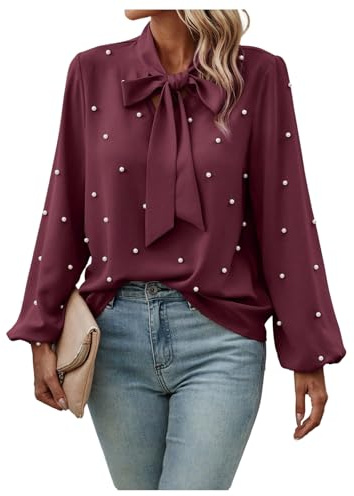 GORGLITTER Women's Bow Tie Neck Pearl Beaded Blouses Mock Neck Long Sleeve Elegant Casual Shirts
