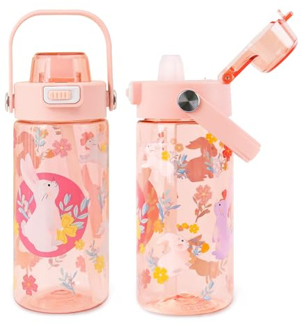 alldomess 20oz Kids Water Bottle For School or Travel, Leak-Proof & Dishwasher, Durable Plastic Sport Water Bottle With Straw and Handle, Rabbit