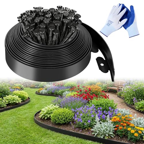 Mittimiya Bordure de pelouse flexible en plastique - Hauteur : 5 cm - Avec 30 piquets d'ancrage et 1 paire de gants - Bordure de pelouse pour bordure de parterre et chemins de jardin - Noir