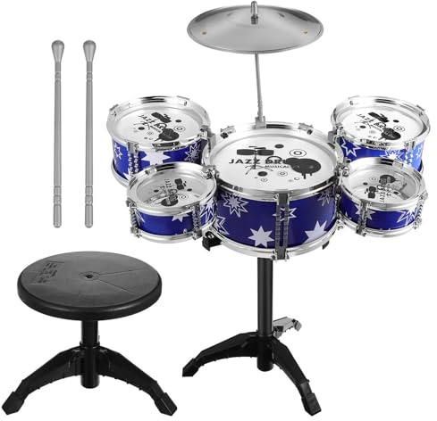 MUSISALY Batterie pour Garçon et Filles 21 Pouces 5 Tambours Bleu Tabouret Kit Percussion Ensemble D'instruments Musique Jazz pour Débutants Éveil Musical Garçons Filles