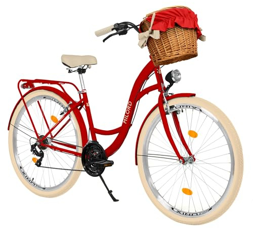 MILORD Damenfahrrad Citybike Komfort Mit Weidenkorb Hollandrad Vintage Fahrrad, 26, 28 Zoll, 21-Gang (Rot, 28 Zoll)