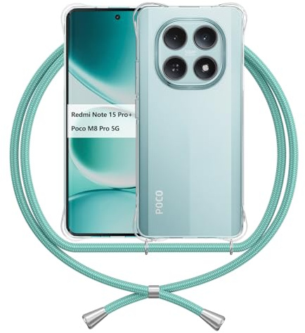 ANFAIRLACE Funda Cuerda Compatible con Xiaomi Poco M8 Pro 5G / Redmi Note 15 Pro Plus, Carcasa Transparente Clear Silicona Esquinas Reforzadas Anti Amarillo Cordón Cover, Verde