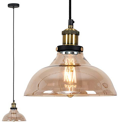 MiniSun | Steampunk Style Black and Gold Ceiling Light Pendant with an Amber Tinted Glass Shade | Pendant Lights, Home Décor Essential | Includes 4W LED Bulb | Includes Full Wired Fitting