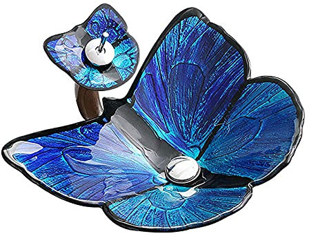 SXLSZ Lavabo Vasque en Verre Trempé, Vasque à Poser en Verre Trempé Forme de Papillon Lavabo Lave-Mains Artistique Lavabo Vasque a Poser avec Robinet Cascade, 620×450×155mm,Bleu
