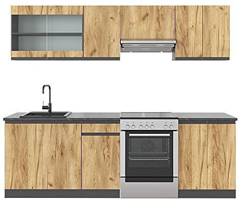 Vicco Küchenzeile Raul, Goldkraft Eiche/Anthrazit, 240 cm J-Shape, ohne Arbeitsplatte