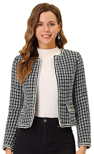 Allegra K Damen Plaid Tweed Blazer Langarm Open Front Arbeit Büro Kurze Jacke, schwarz, Medium