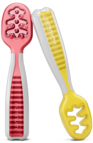 NumNum Weaning Spoons Baby Self Feeding GOOtensils 6+ Months 2pk Red/Yellow | BPA-Free First Stage Silicone Pre-Spoons For Baby Led Weaning (BLW), Contour Grip Toddler Utensils For Purees
