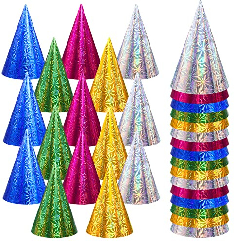 JaGely 100 Pieces Colorful Birthday Party Hats Metallic Foil Cone Hat for Christmas New Year Party Supplies, 5 Colors(Classic)