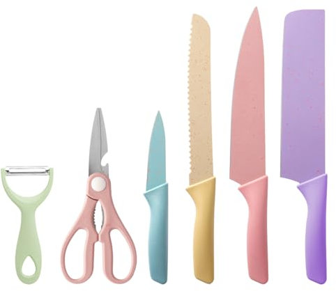 TJ POP Set di Coltelli da Cucina Colorati 6 PCS, Set di Coltelli Colorati con Rivestimento Antiaderente, Coltello da Chef Coltello da Pane per Cucina, Campeggio, Viaggi, Picnic, BBQ e RV