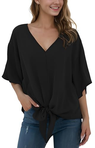 Anelune Ladies' Chiffon Blouses Short Sleeves Summer Tops | V-Neck, Tie Front, Batwing Sleeves, Loose Casual, for Women UK, T-Shirts