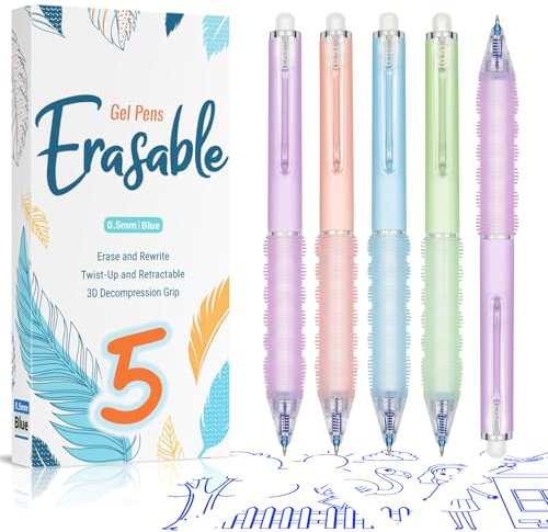 APOGO Radierbarer Kugelschreiber, Radierbarer Tintenroller 0,5 mm Blau, Gelstifte Radierbar mit Weichem Griff, Einziehbare Radierstift 5 Stück, Schule Stifte, Schul Bürobedarf