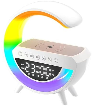 RUICUBEI Lampada Da Comodino LED Con Funzione Di Ricarica 3 In 1,15 W Lampada Da Tavolo Ricarica Senza Fili Altoparlante Bluetooth,Lampada D'atmosfera 10 Modalità Di Illuminazione tramite Connessione