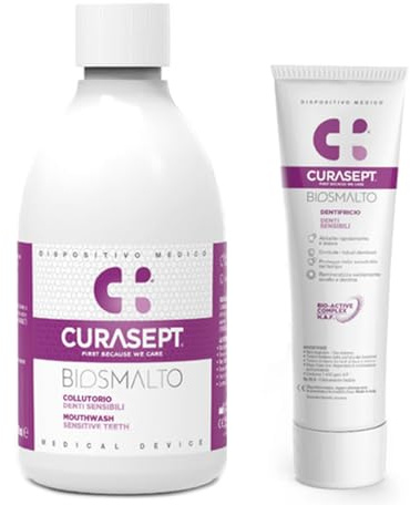 Kit Biosmalto Denti Sensibili Curasept | Dentifricio 75 ml + Collutorio 300 ml | Protezione Smalto, Remineralizzazione e Sollievo dalla Sensibilità