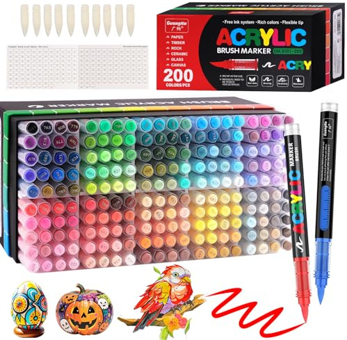 Funnasting 200 Colours Acrylic Paint Pens, Brush Tip Acrylic Marker Pens, Paint Markers for Colouring, Glass, Fabric, Egg, Rock Painting and DIY Crafts Art Supplies