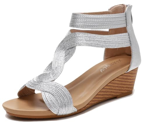 Galindopia Women Wedge Gladiator Sandals Rhinestone Beaded Bohemia Summer Beach Shoes Comfortable Cushion Padded Dressy Cage Sandals Silver Size 41