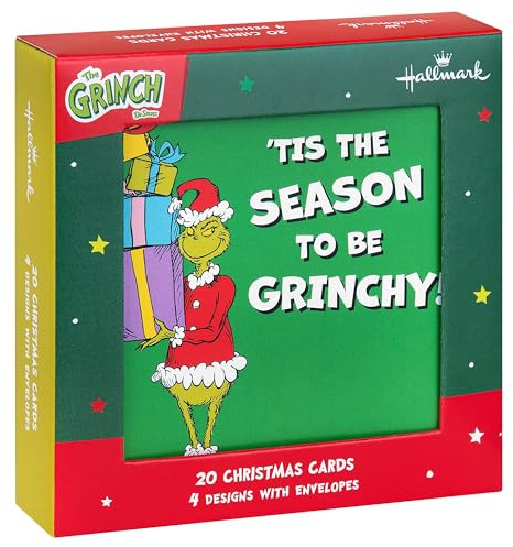 Hallmark barn julkort multipack, 20 kort, 4 Grinch-inspirerade mönster, med vita kuvert