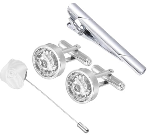 PATIKIL Manschettknappar slipsar klämma pin set, rund strass män manschettknappar slips barklämmor och brosch kit med presentask för män bröllop affärer far make gåva (vit)