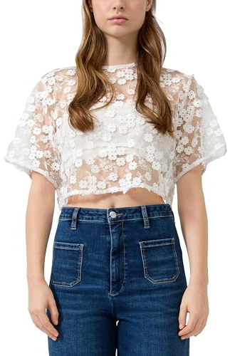 Blusa de Manga Corta con Encaje Transparente