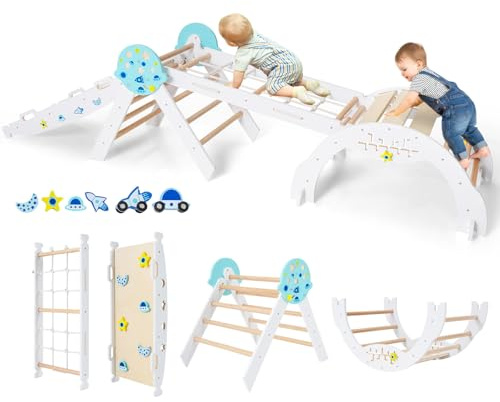 COSTWAY Toddler Climbing Frame, Kids Wooden Climber Toys Set with Arch, Reversible Ramp, Indoor Montessori Play Gym for Boys Girls 3 Years Old+ (8 in 1 Spaceman-Themed, White)