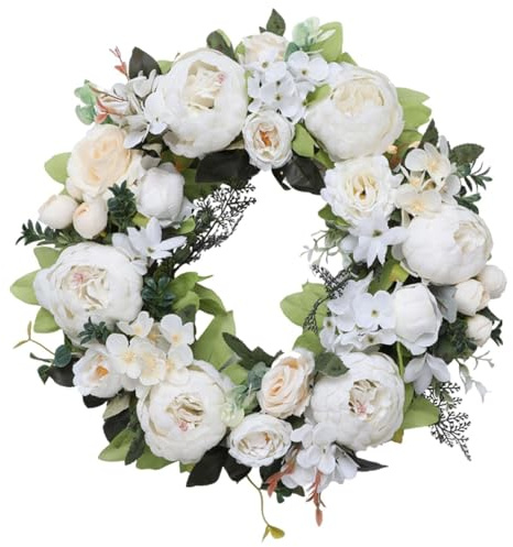 SZLIFE Ghirlanda Di Peonie Artificiali,Ghirlanda Primaverile in Fiori Di Seta E Plastica, Corona Di Pasqua Da 45 Cm Di Diametro per Matrimoni, Feste, Porte D'ingresso, Pareti, Finestre, Bianco