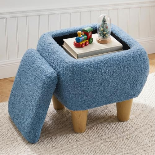 Warmiehomy 31cm Small Storage Footstool, Teddy Pouffe with Lid, Blue | Square Pouffe Foot Rest with Hidden Storage and 4 Wooden Legs, Teddy Change Shoes Stool for Bedroom Living Room, 31*31*28cm