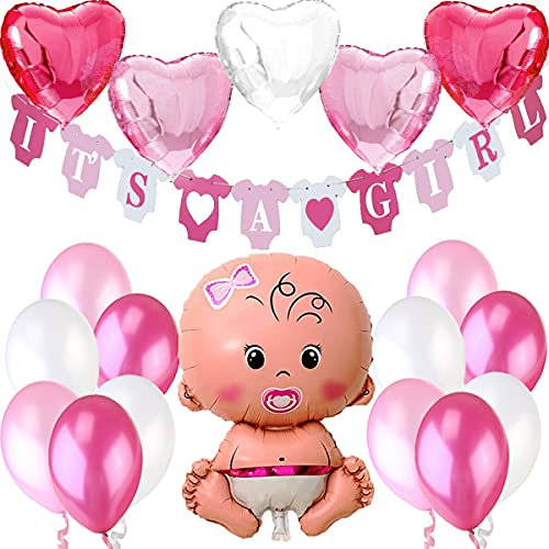 Decorazioni Festa Nascita Bambina. Festone é Femmina It's A Girl+1 Palloncino Rosa a Bimba Neonata Femminuccia +5 Palloncini a Cuore +12 Palloncini. Accessori Battesimo e Baby Shower