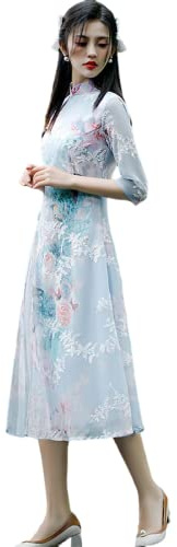 Dam sommarklänning, broderad Ao Dai Cheongsam klänning, kinesisk klassisk tang-kostym Hanfu Qipao kläder, BLÅ, 5XL