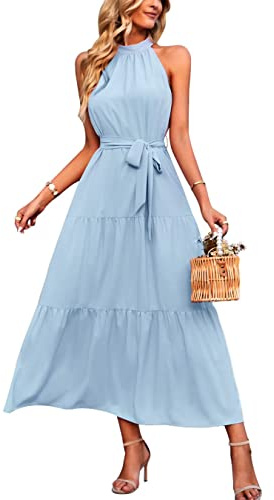 PRETTYGARDEN Women's Summer Maxi Sun Dress Sleeveless Halter Neck Flowy Ruffle Hem Long Boho Dresses with Belt (Solid Light Blue,Large)