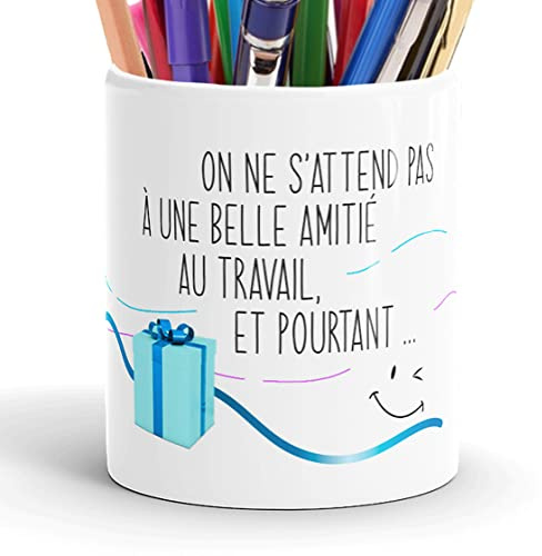 Mug Pot à Crayons Humour Collègue Idée Cadeau Original Amitié Message Drôle Stylo pour Départ en Retraite Mutation Travail pour Ami Homme Femme Anniversaire Noël Fête. Souriez au Bureau
