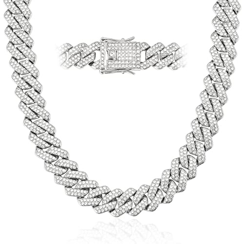 CBLKUS Mens Cuban Link Chain Miami Cuban Necklace Gold/Silver Chain Diamond Cut Chains For Men Women 14mm Iced Out Hip Hop Jewelry