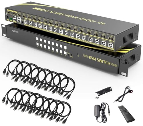 Huasion KVM Switch 16 Port HDMI 2.0 KVM Switch Supports Hotkeys Switching 4K@60Hz 4:4:4 1080p 3D 16 PCs Laptops Sharing with One Set of Keyboard and Mouse